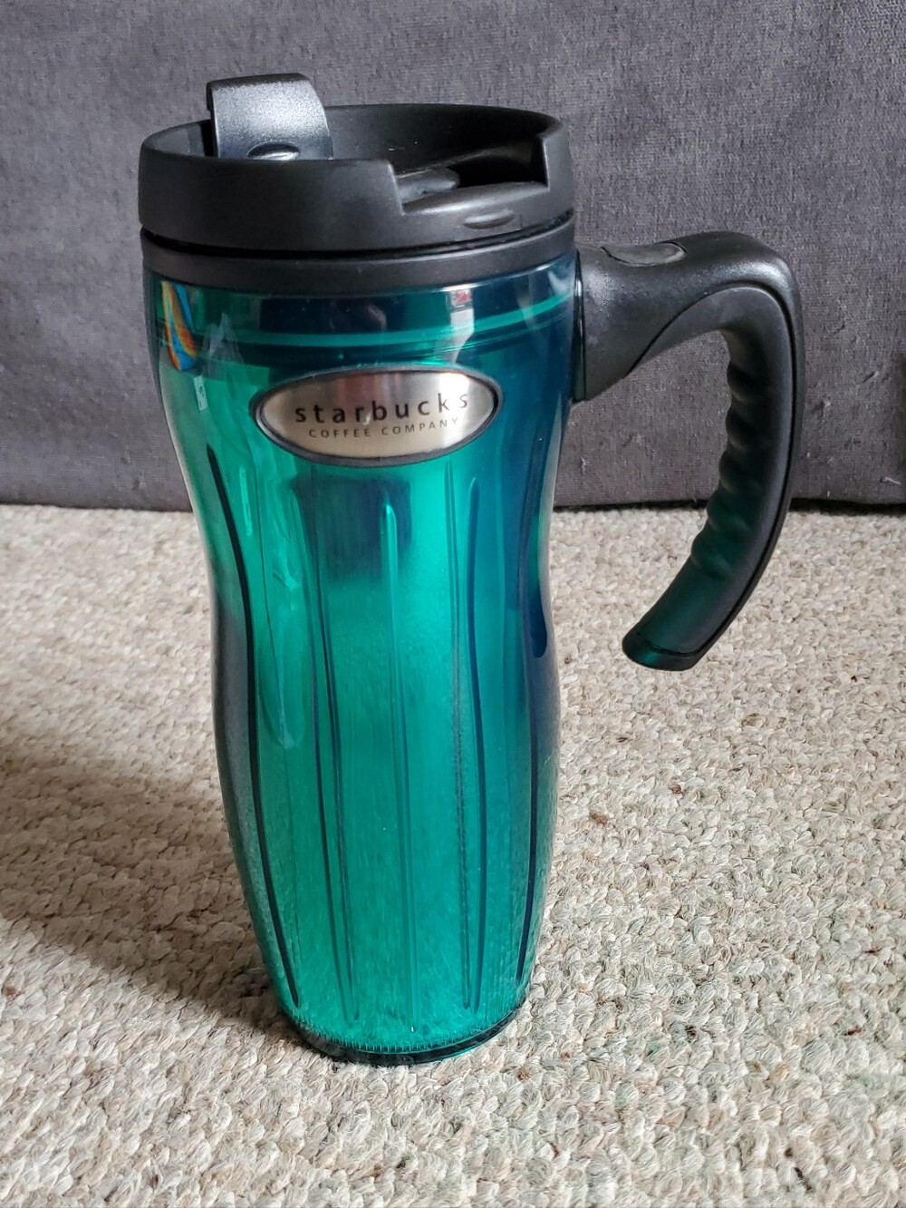 Vtg Starbucks Barista Jade Blue Curvy Lucy Tumbler Travel Mug w/ Handle 16 oz